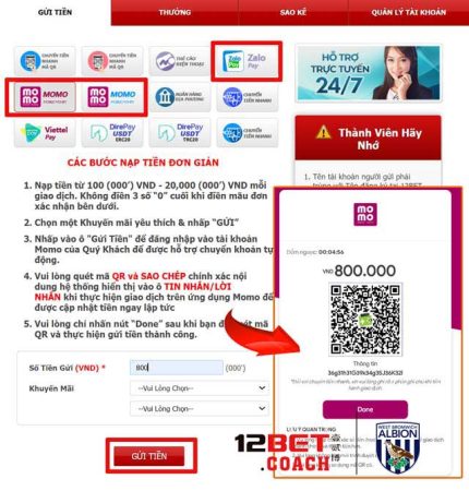 Thực hiện naoh tiền 12bet bằng ví điện tử 